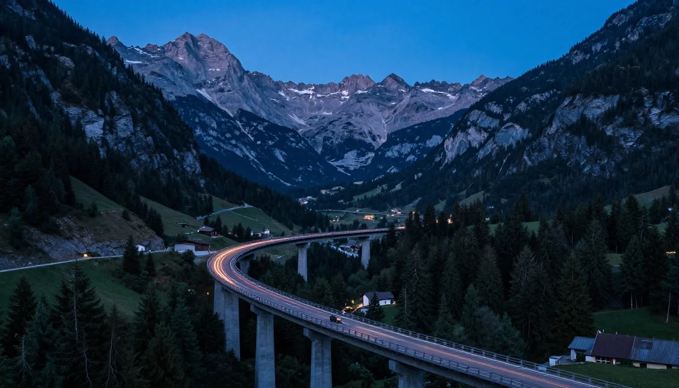Austrian alpine transit motorway corridor at dusk