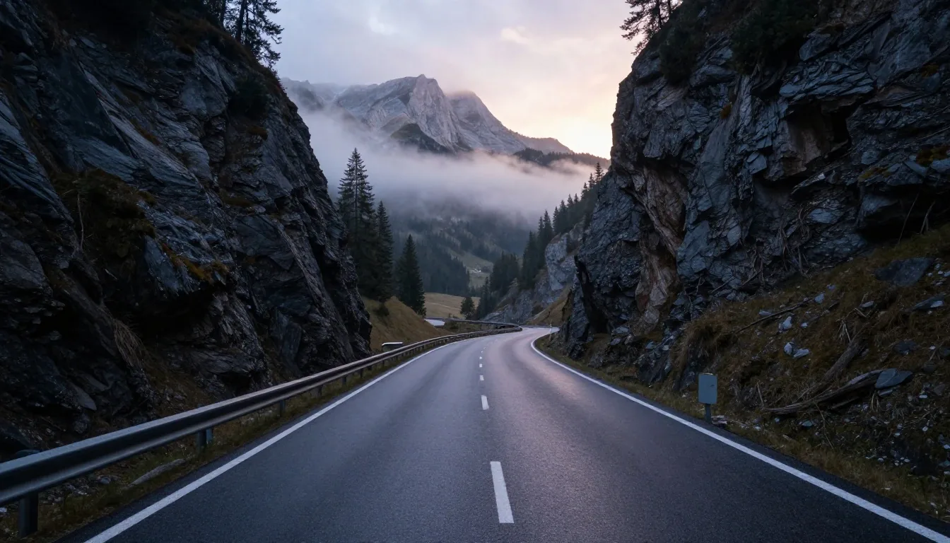 Alpine road corridor in Austria at dusk