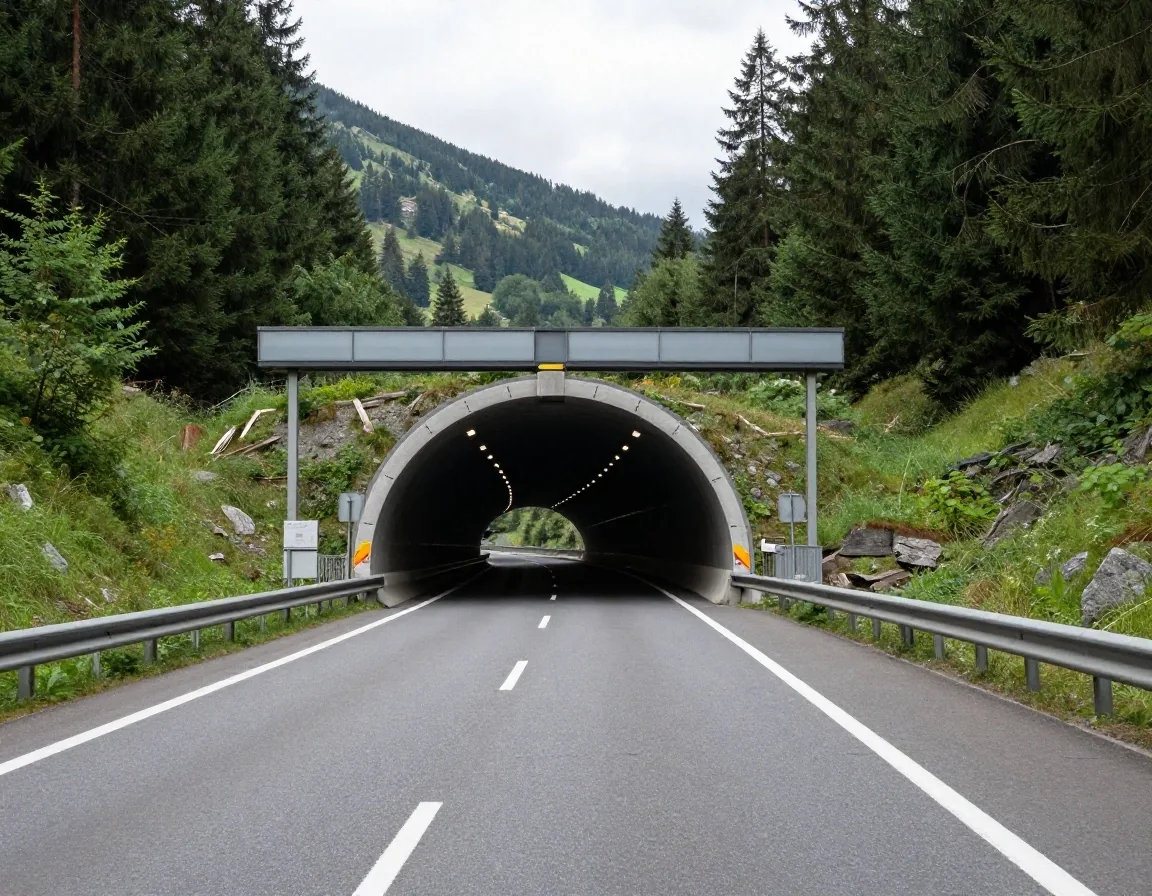 Austrian motorway gantry with electronic speed signs in alpine terrain