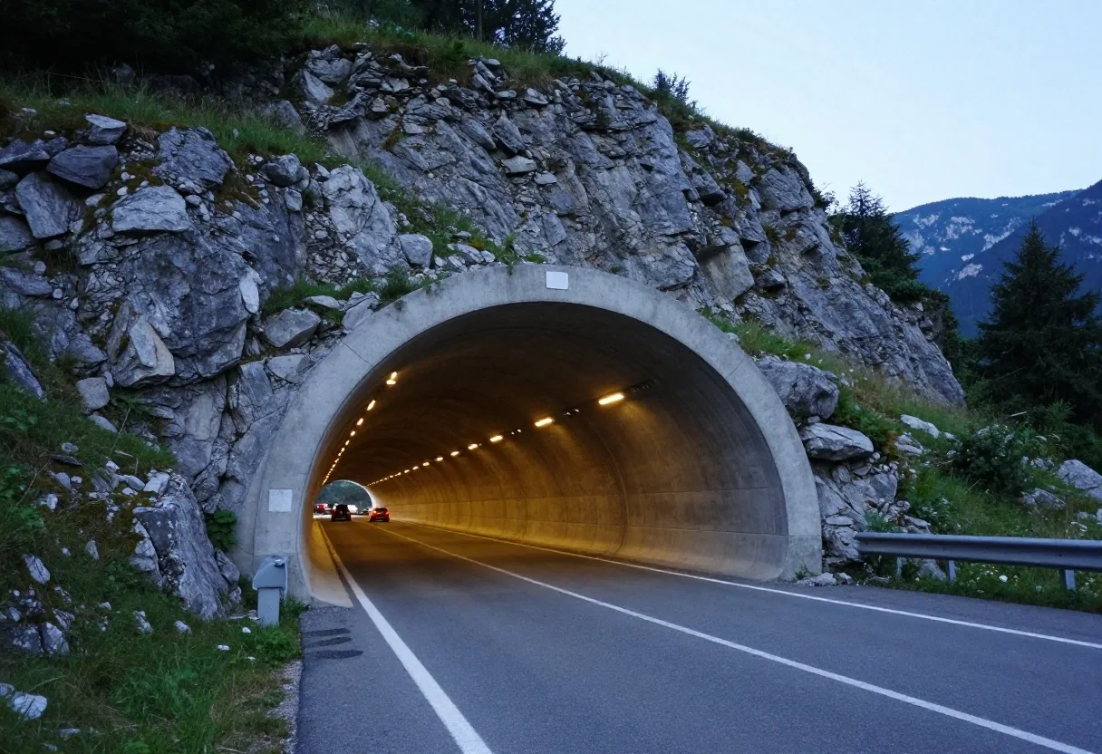 Austrian motorway corridor winding through alpine valley at dusk