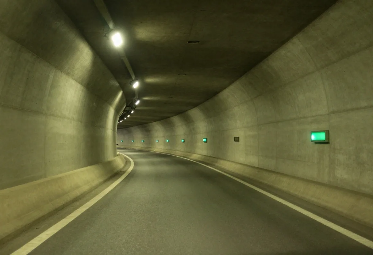 Modern illuminated Austrian highway tunnel with safety guidance lighting