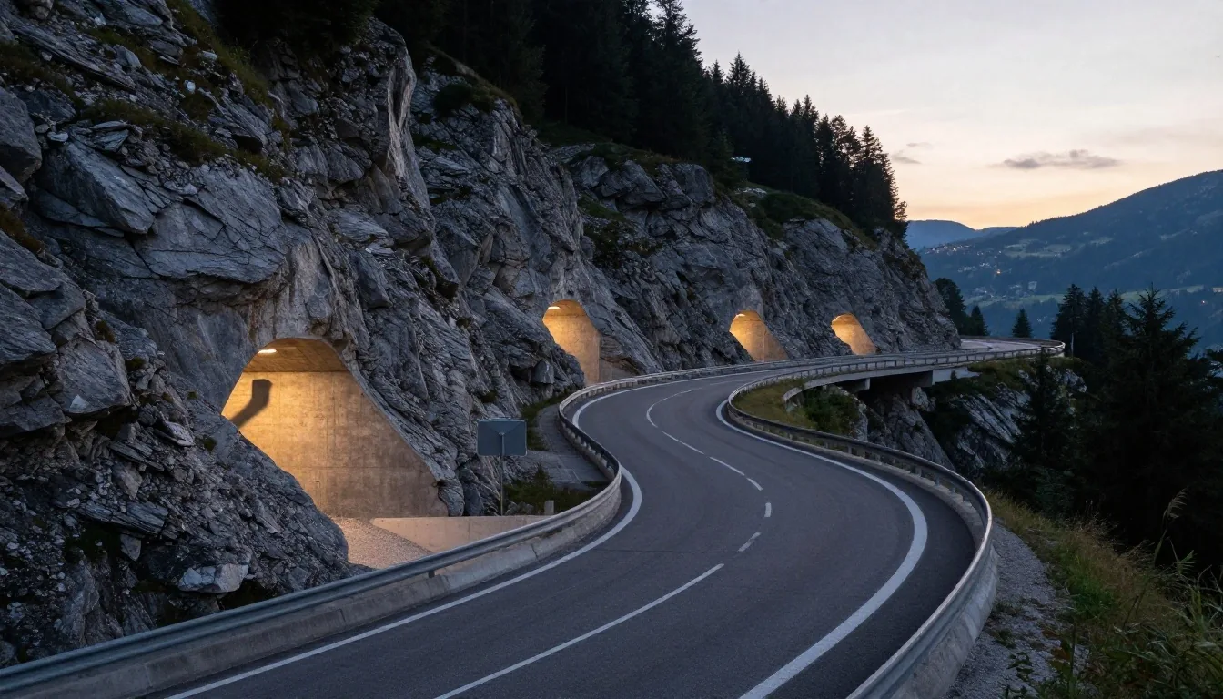 Austrian alpine motorway corridor observed at dusk