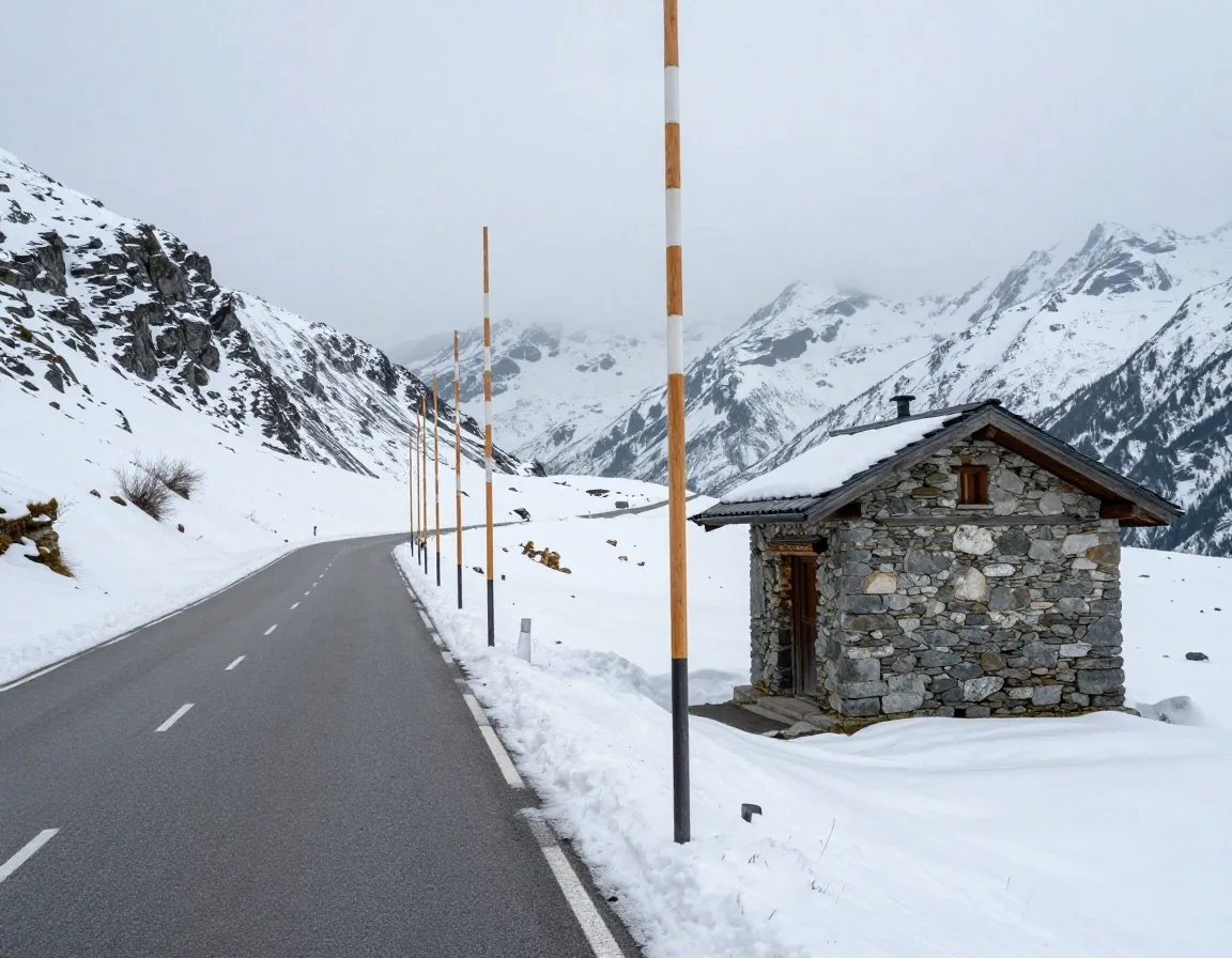 High alpine mountain pass maintenance and snow wall inspection
