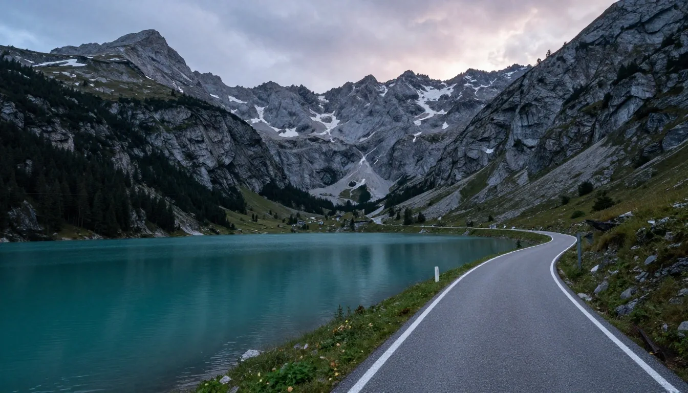 Scenic alpine road traversing limestone mountain ranges in Austria