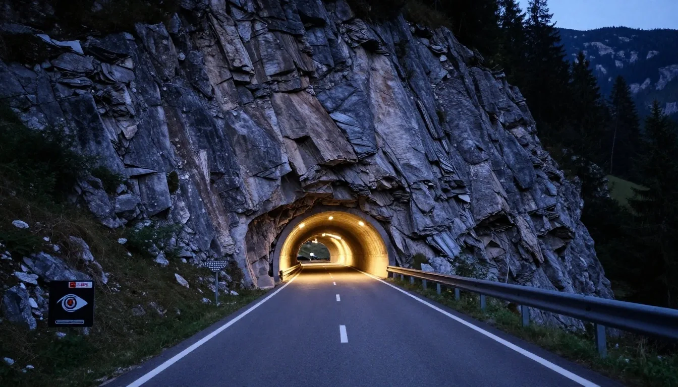 Austrian alpine motorway toll corridor with mountain backdrop