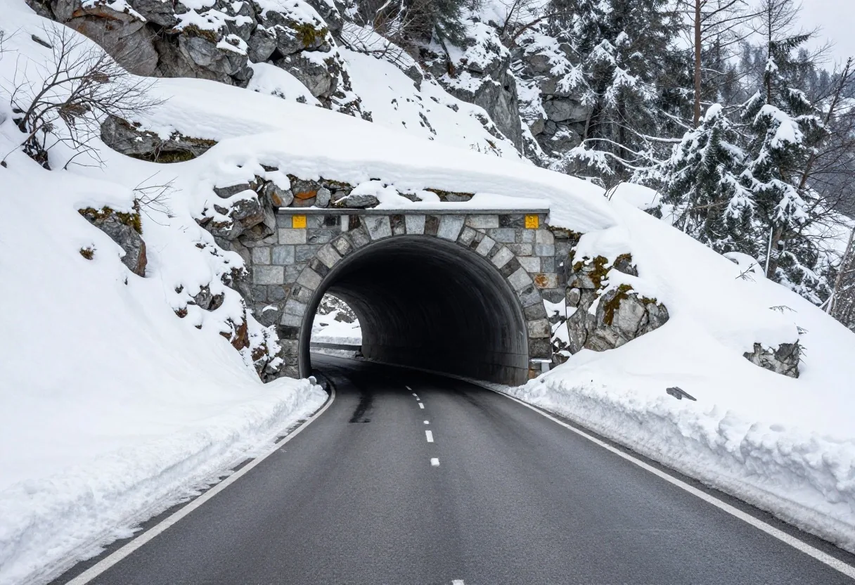 Alpine motorway tunnel portal during winter conditions
