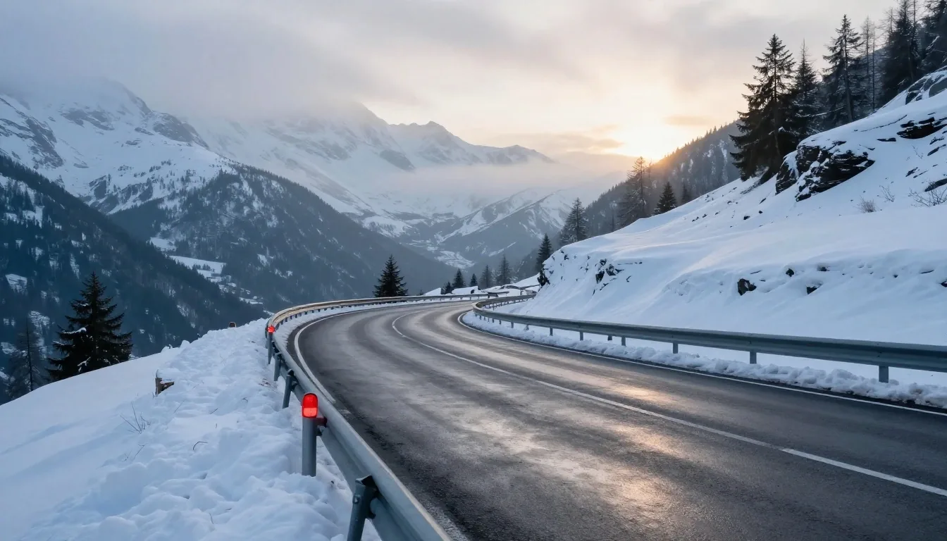 Austrian alpine motorway corridor under winter snow conditions