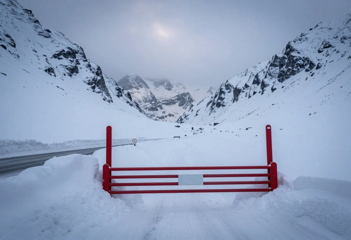 Closed mountain pass barrier with winter road condition warnings