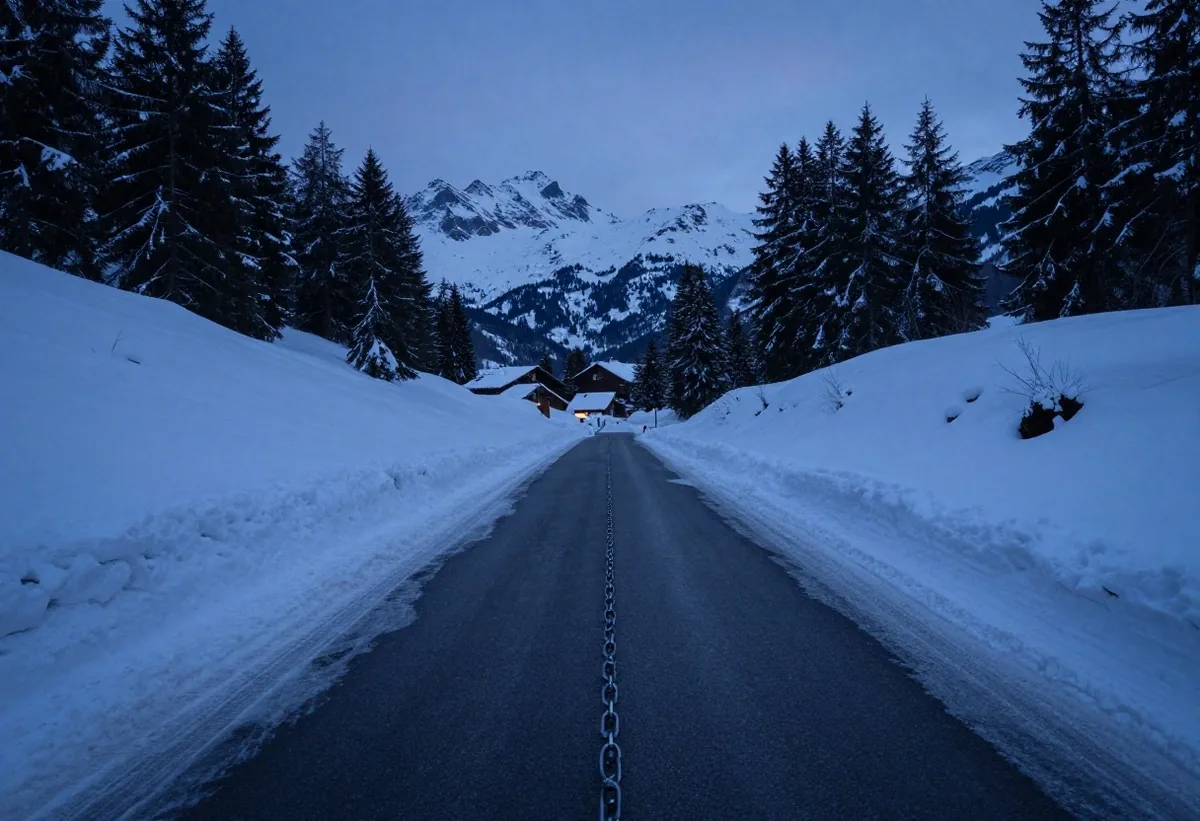 Motorists mounting snow chains in an Austrian chain fitting bay